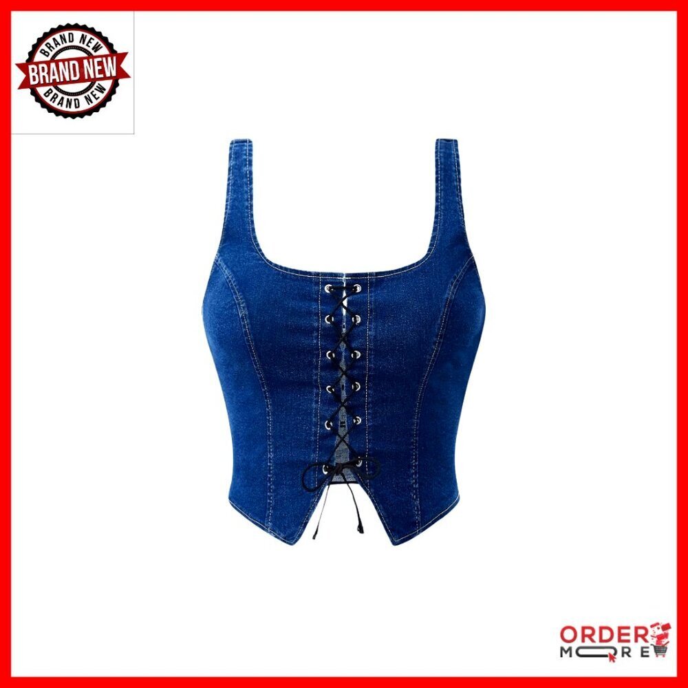 Plus Size Y2K Corset Denim Tank Top Sleeveless Lace Up Split Hem Casual